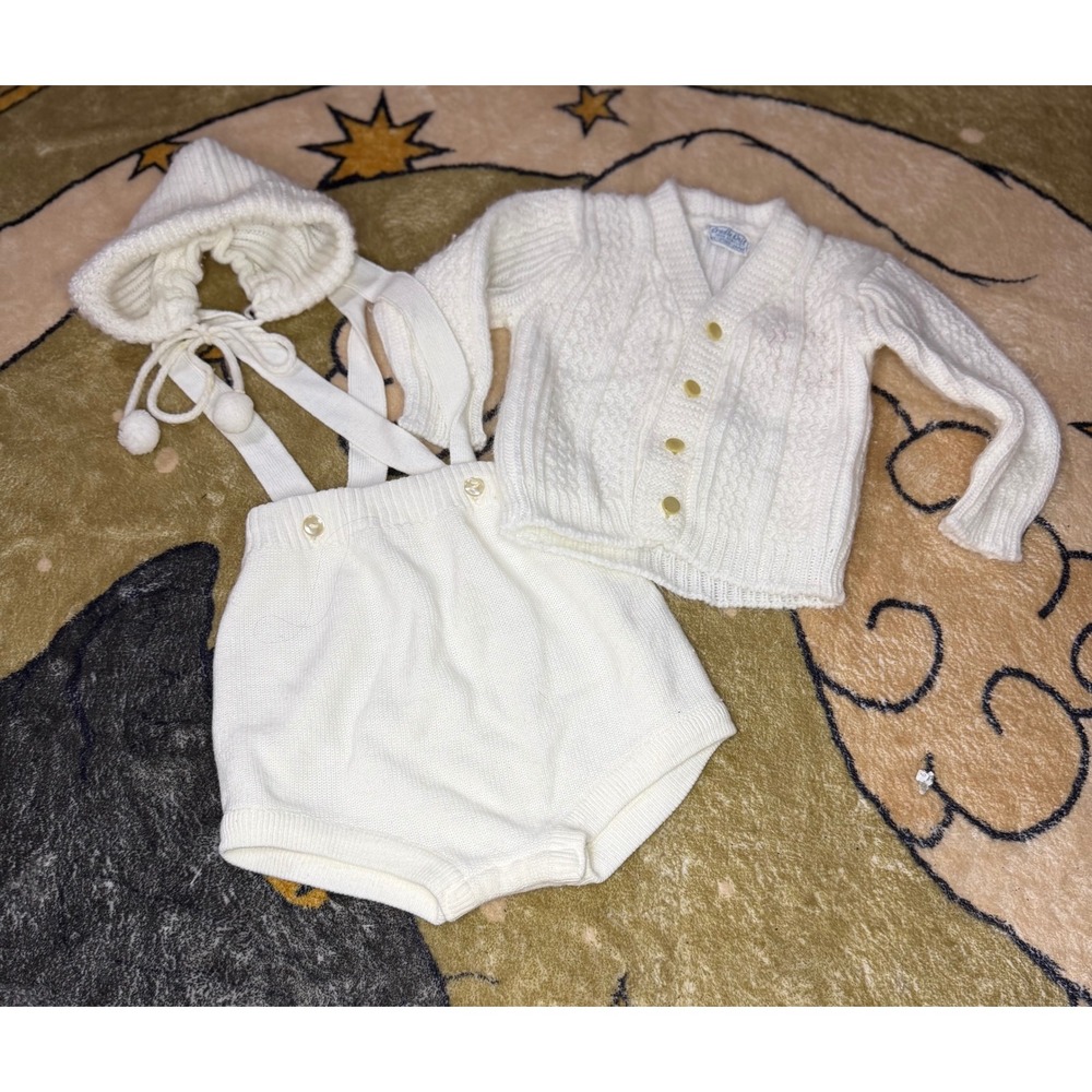 Vintage Cradle Knit Baby 3pc Set Cardigan Suspender Shorts Bonnet Cream White